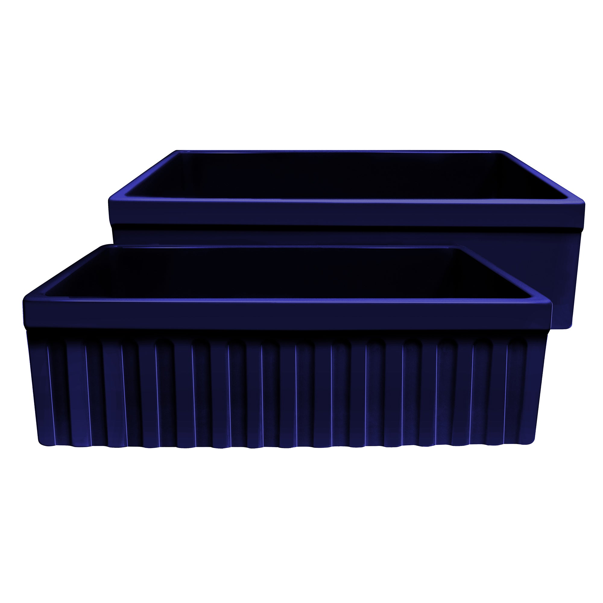 Farmhaus Fireclay Quatro Alcove Reversible Sink with a Fluted Front Apron and Decorative 2 1/2" Lip on One Side and 2" Lip on the Opposite Side