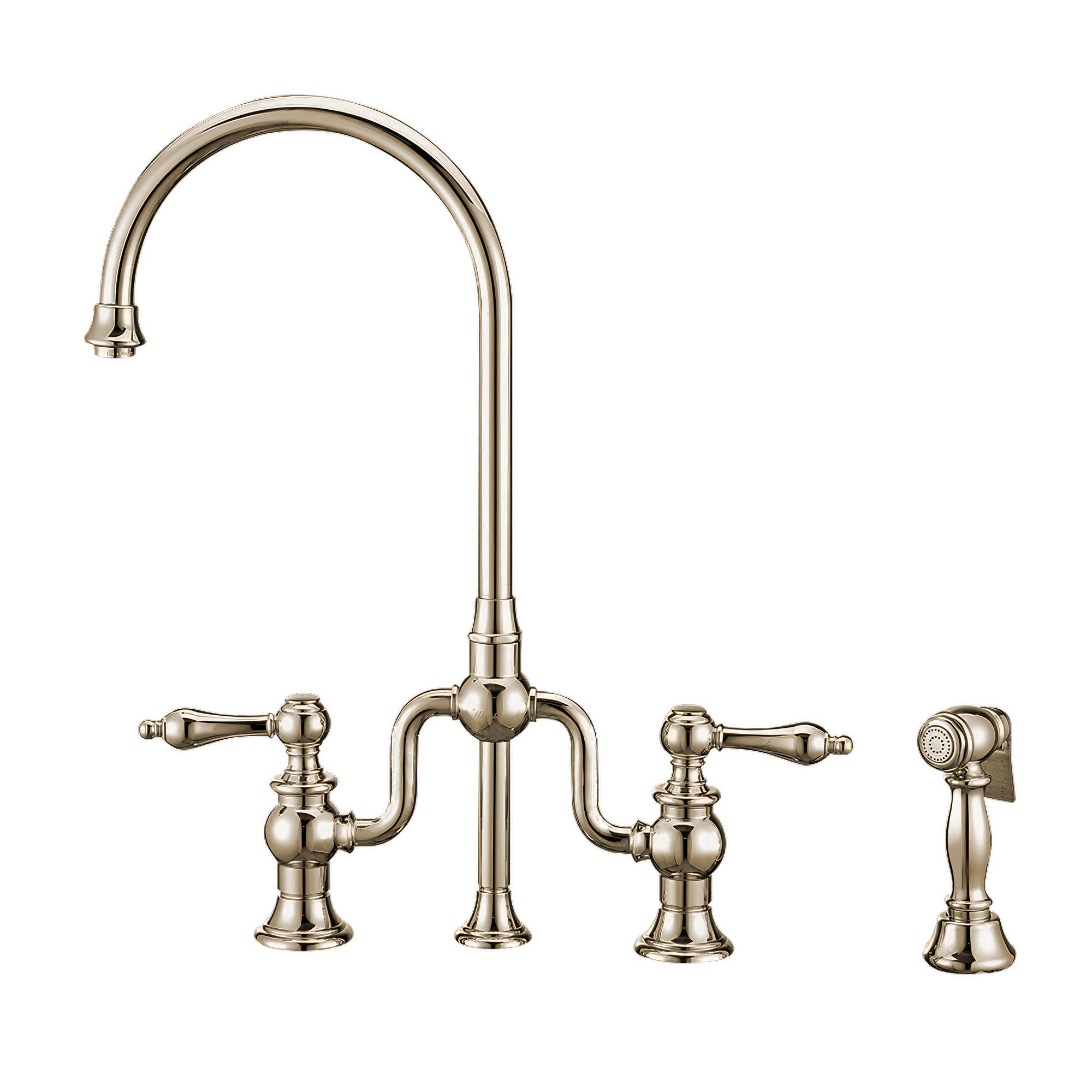 Twisthaus Plus Bridge Faucet with Long Traditional Swivel Spout, Lever Handles and Solid Brass Side Spray