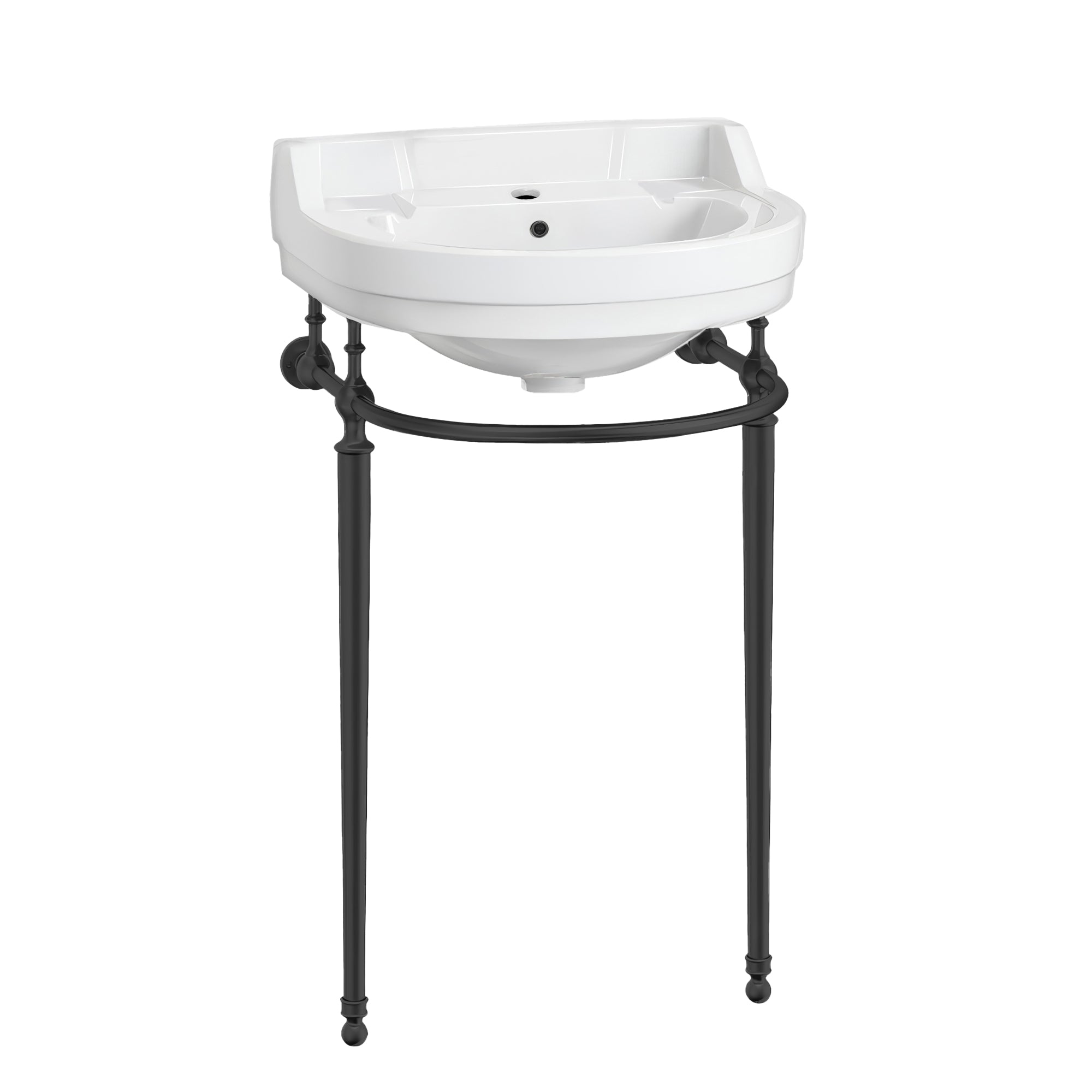 22" Console Sink With Semi-Circular Bowl, Single Faucet Drilling, Solid Brass Leg Supports, Backsplash, Overflow and Front Towel Bar.