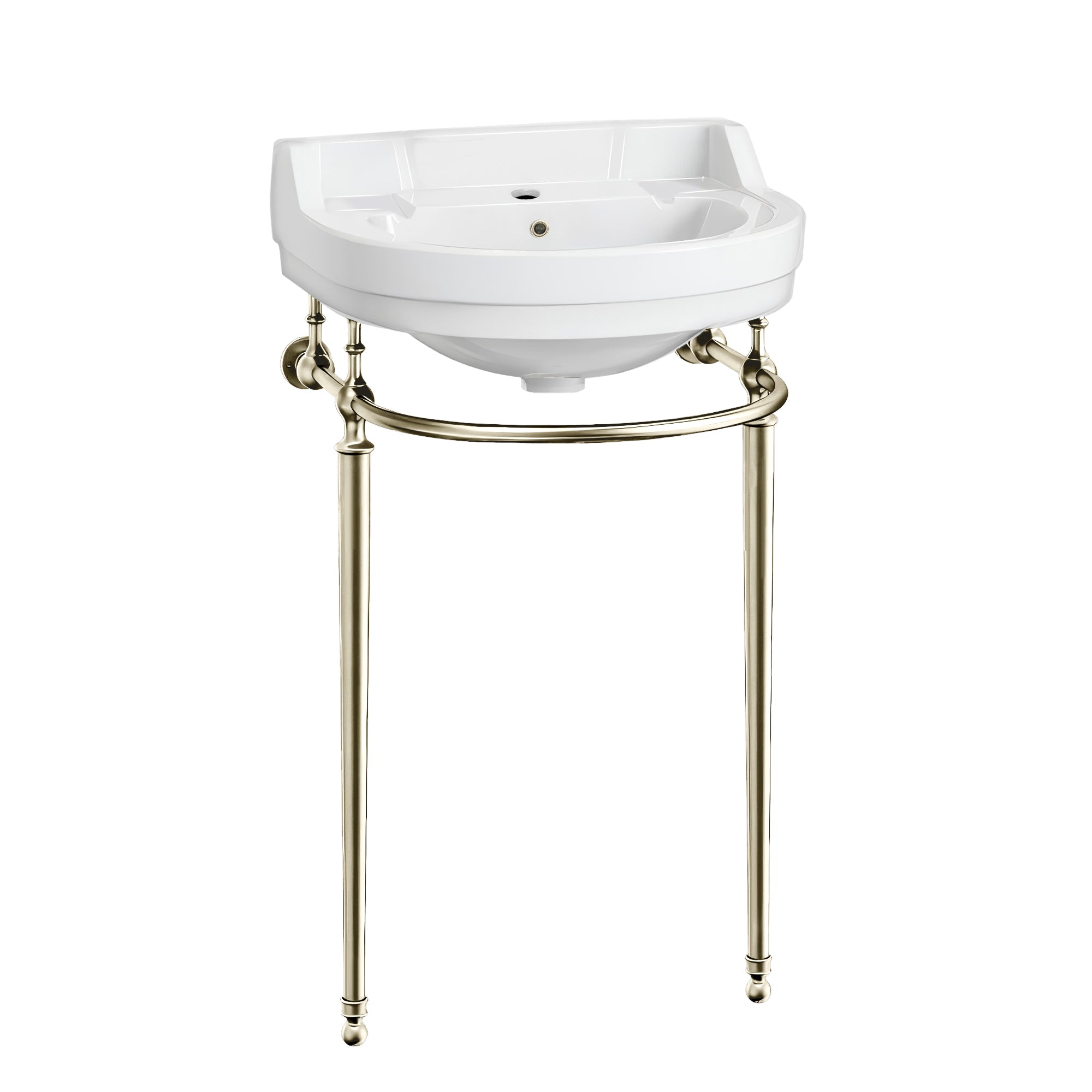 22" Console Sink With Semi-Circular Bowl, Single Faucet Drilling, Solid Brass Leg Supports, Backsplash, Overflow and Front Towel Bar.