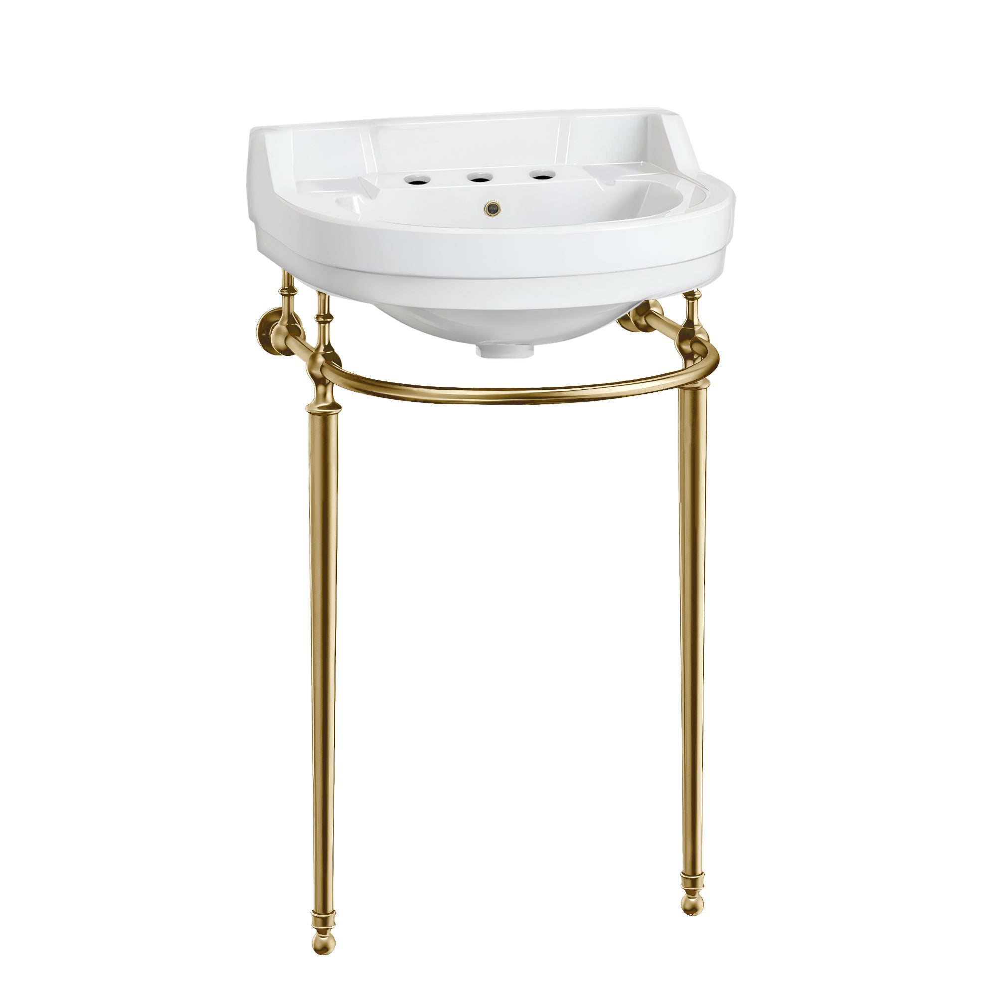 22" Console Sink With Semi-Circular Bowl, Single Faucet Drilling, Solid Brass Leg Supports, Backsplash, Overflow and Front Towel Bar.