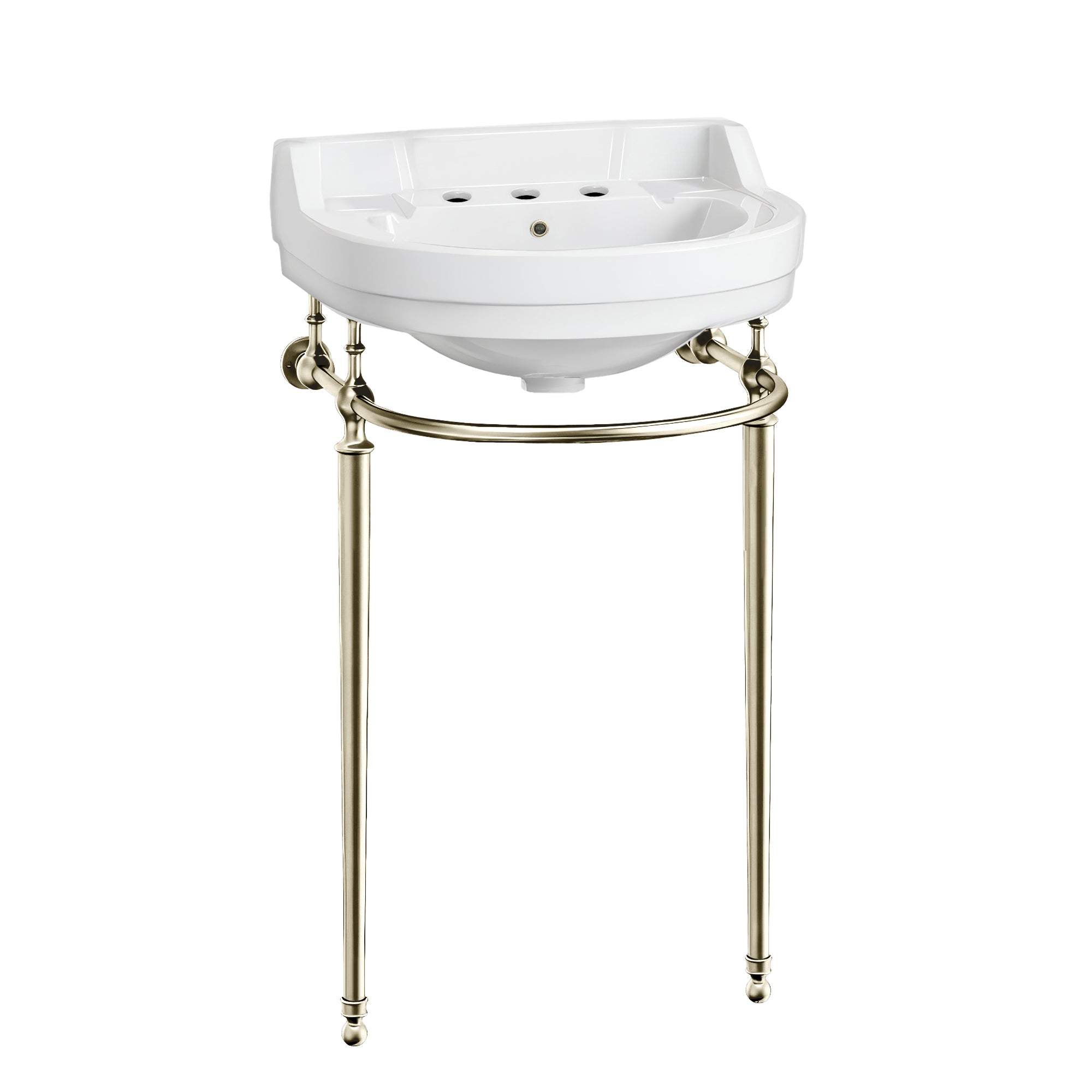 22" Console Sink With Semi-Circular Bowl, Single Faucet Drilling, Solid Brass Leg Supports, Backsplash, Overflow and Front Towel Bar.