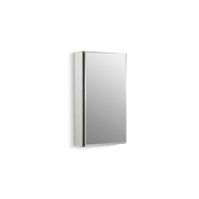 15" W x 26" H aluminum single-door medicine cabinet with mirrored door, beveled edges