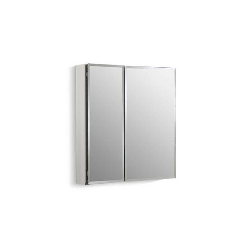 25" W x 26" H aluminum two-door medicine cabinet with mirrored doors, beveled edges