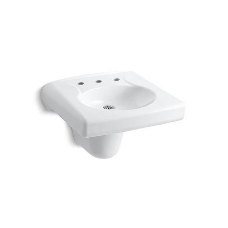 Brenham Wall-mount or concealed carrier arm mount commercial bathroom sink with widespread faucet holes and shroud