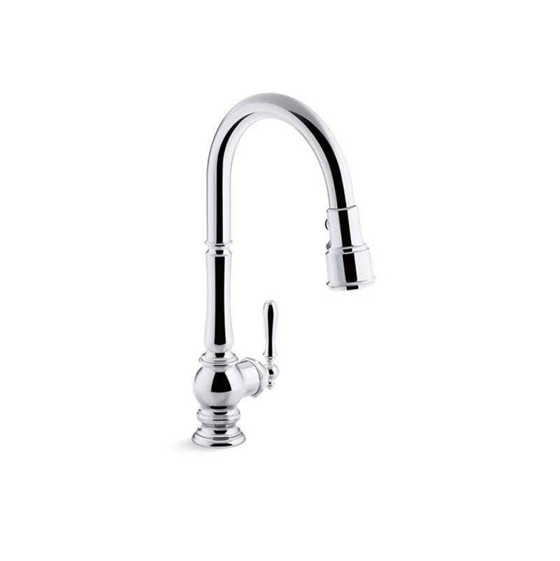 Artifacts  Pull-down kitchen sink faucet with three-function sprayhead
