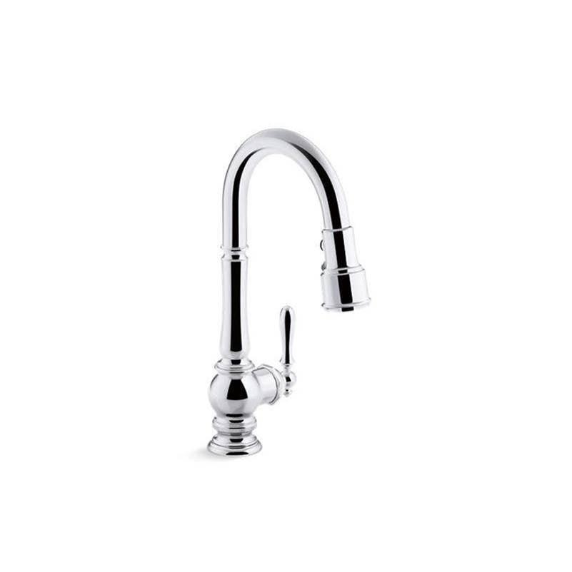 Artifacts  Pull-down kitchen sink faucet with three-function sprayhead