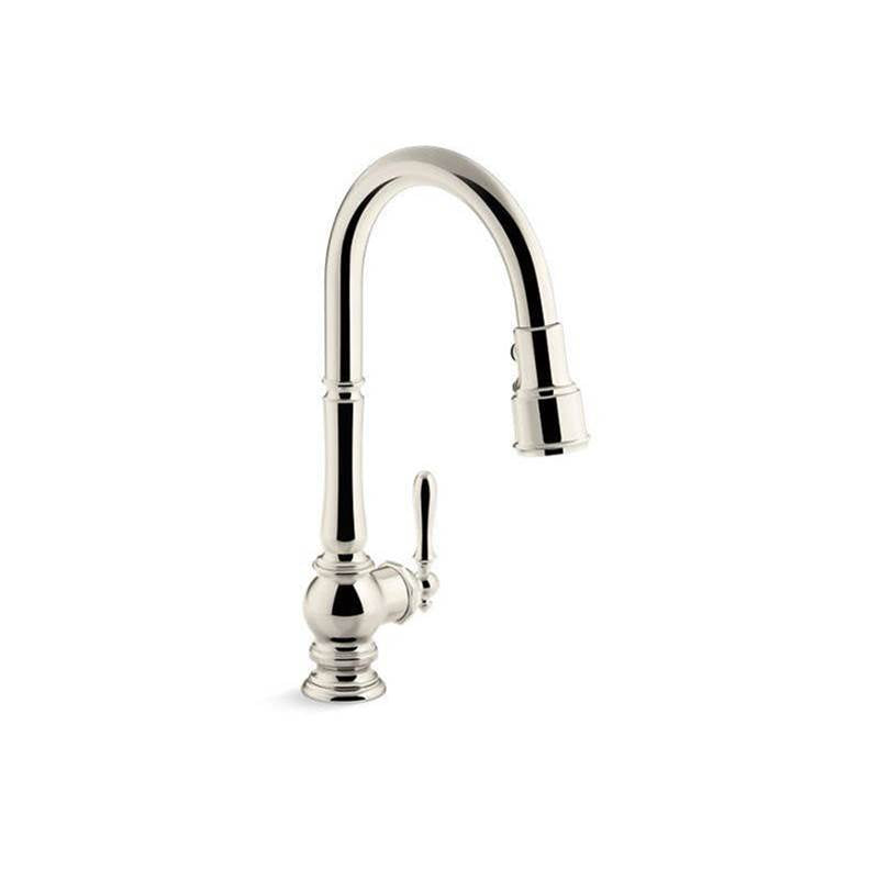 Artifacts  Pull-down kitchen sink faucet with three-function sprayhead