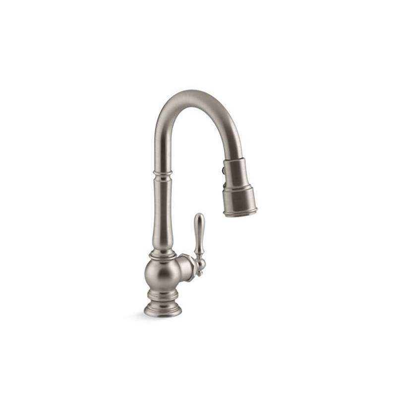Artifacts  Pull-down kitchen sink faucet with three-function sprayhead