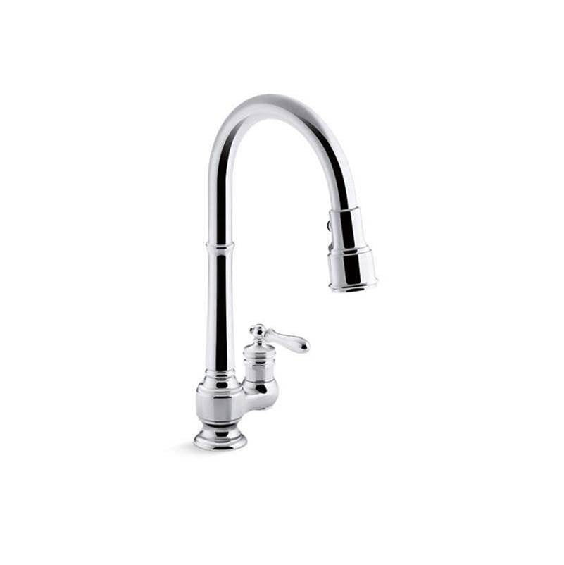Artifacts  Pull-down kitchen sink faucet with three-function sprayhead