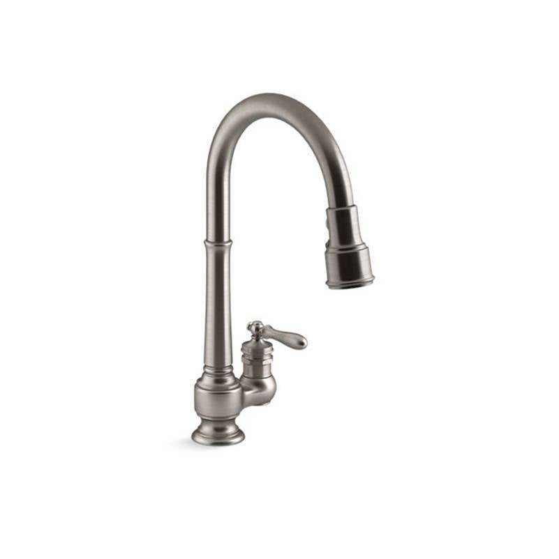 Artifacts  Pull-down kitchen sink faucet with three-function sprayhead