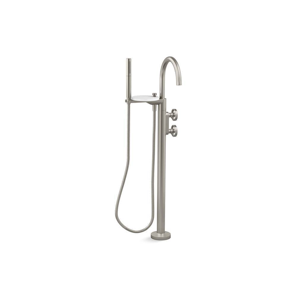 Components  Floor-mount bath filler trim with industrial handles and handshower