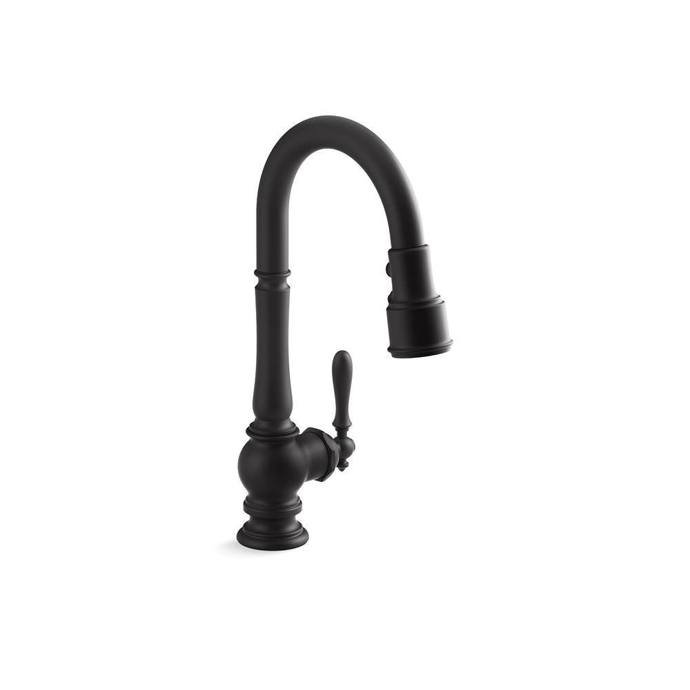 Artifacts  Pull-down kitchen sink faucet with three-function sprayhead