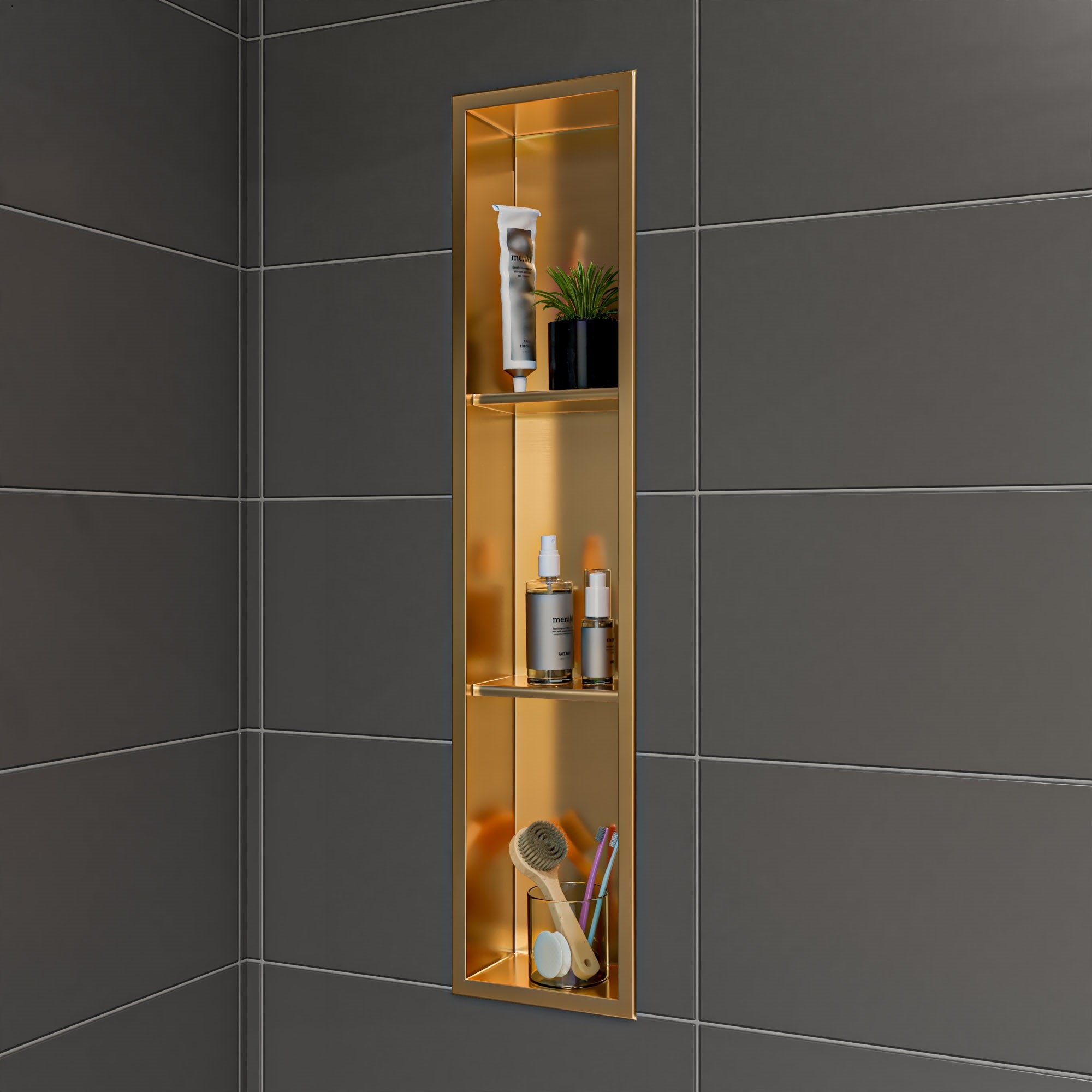 Brushed Gold Pvd Stainless Steel Vertical Triple Shelf Shower