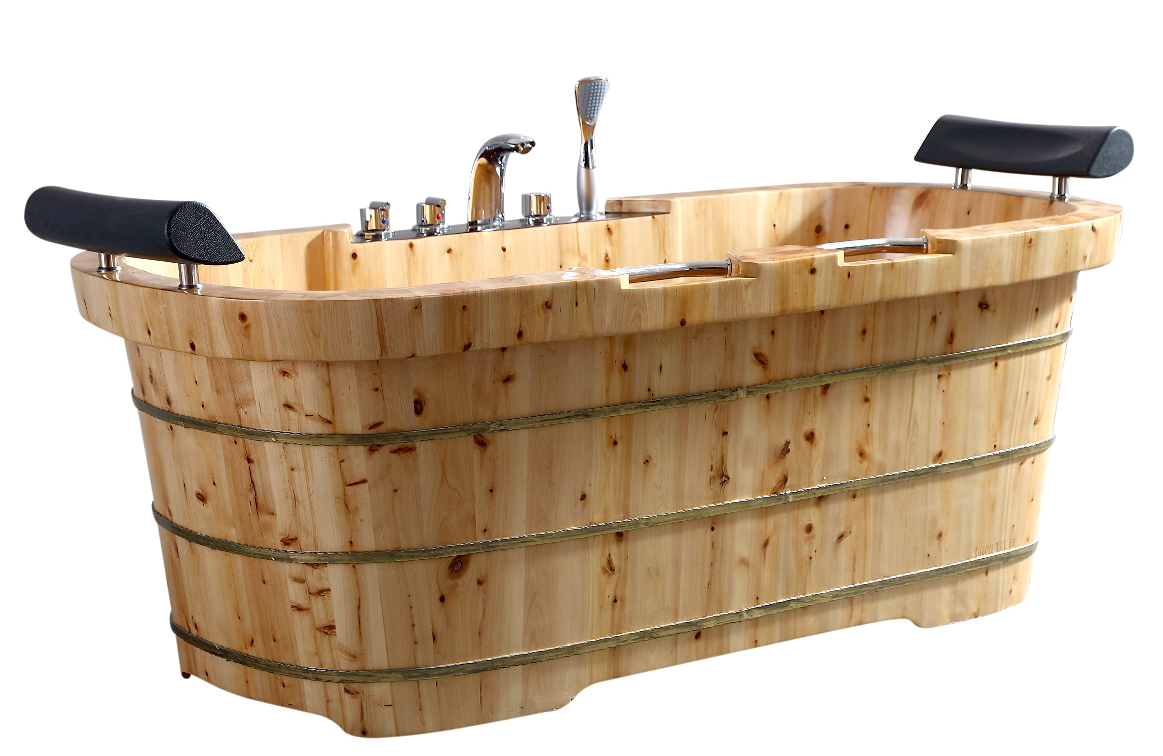 Free Standing Cedar Wooden Bathtub With Fixtures & Headrests