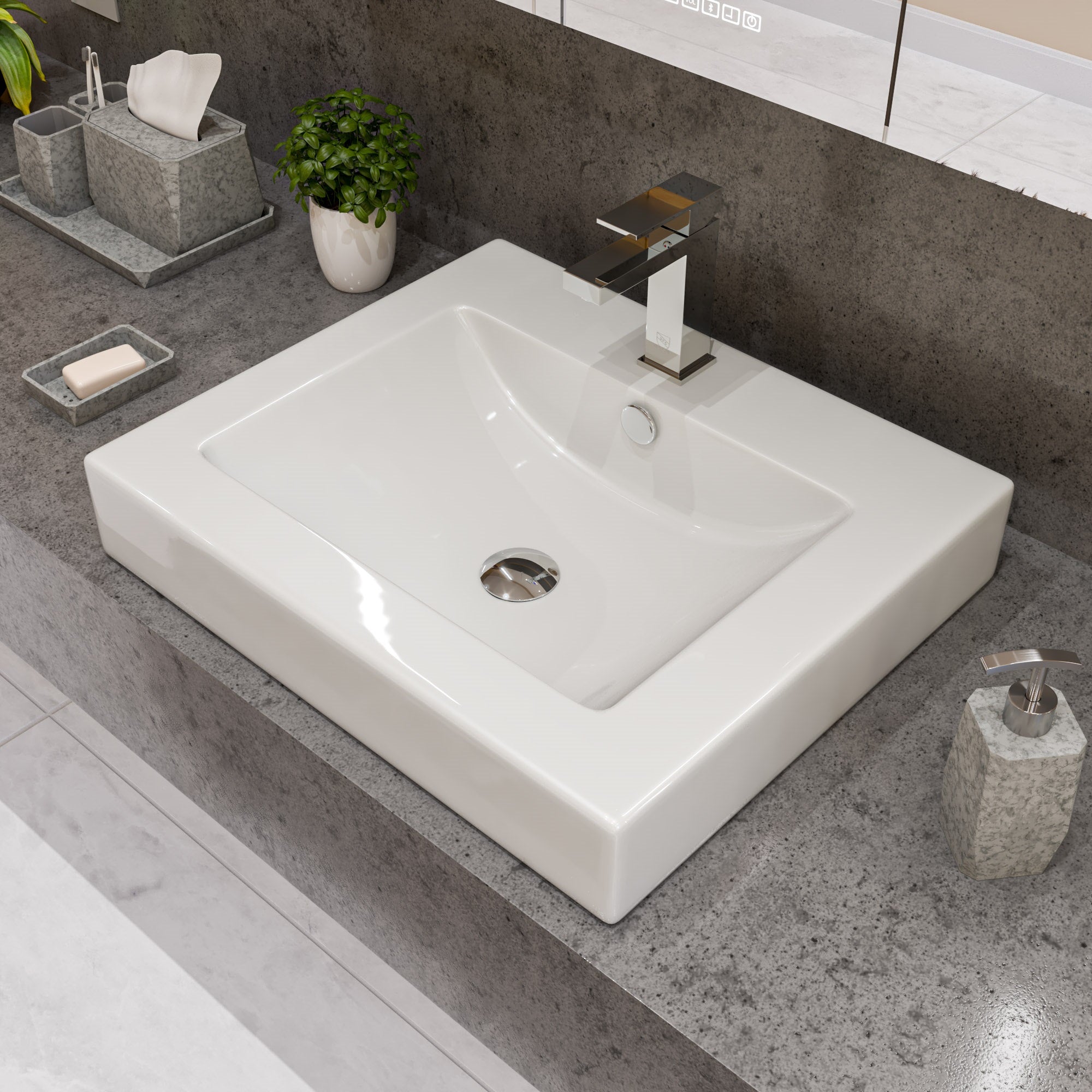 Semi Recessed Ceramic Sink With Faucet Hole