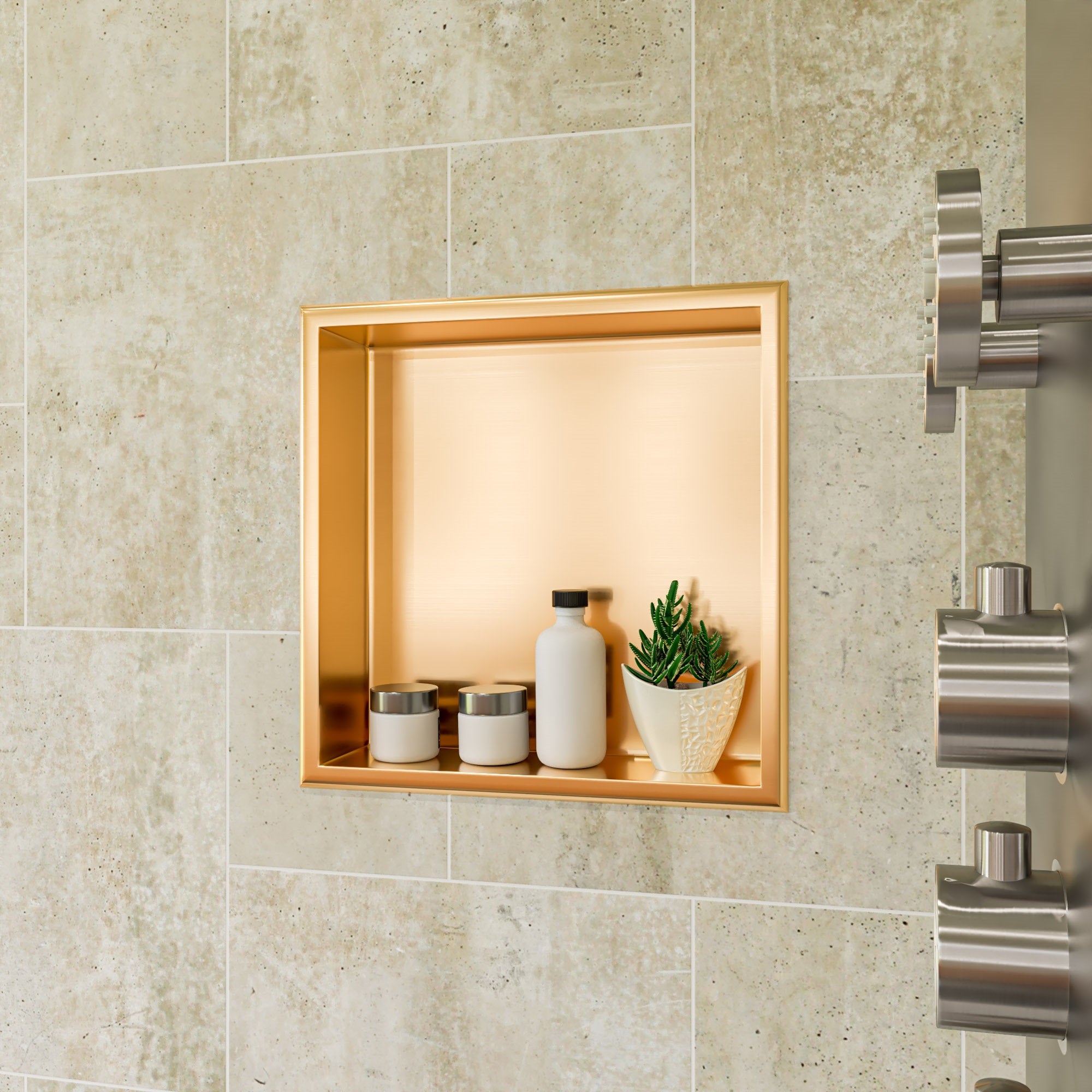 Brushed Gold Pvd Steel Square Single Shelf Shower Niche