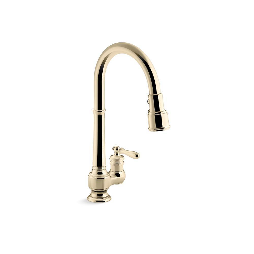 Artifacts  Pull-down kitchen sink faucet with three-function sprayhead