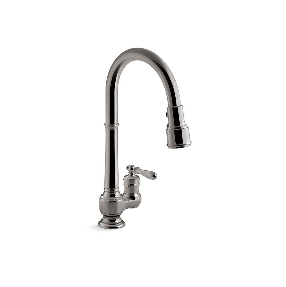 Artifacts  Pull-down kitchen sink faucet with three-function sprayhead