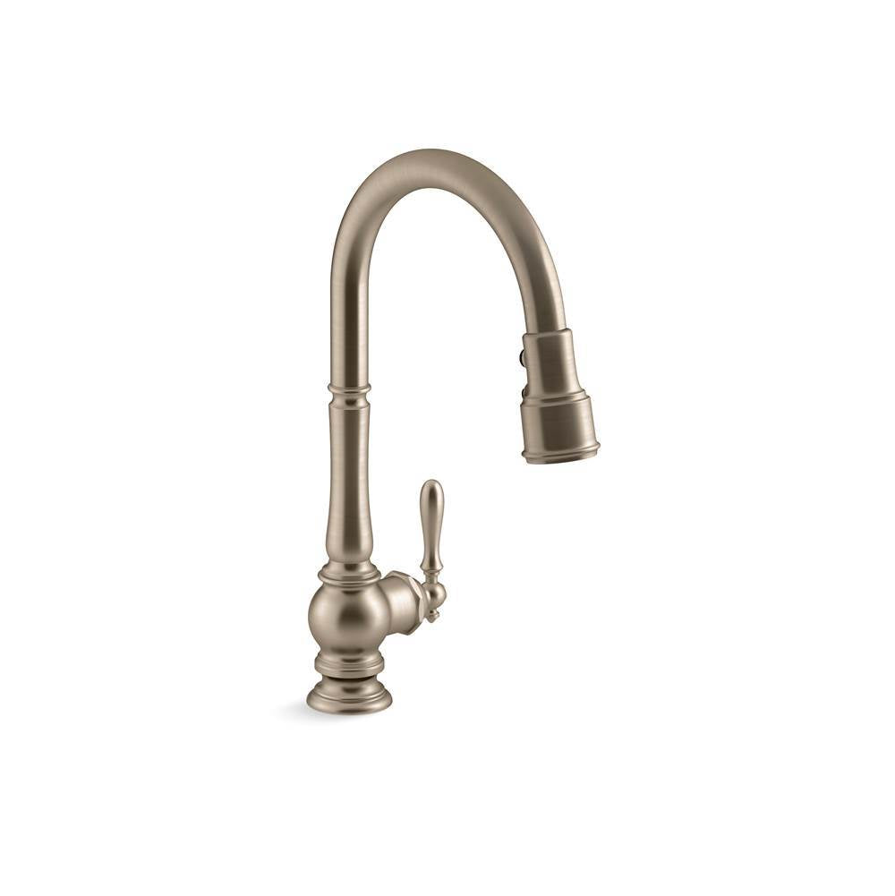 Artifacts  Pull-down kitchen sink faucet with three-function sprayhead
