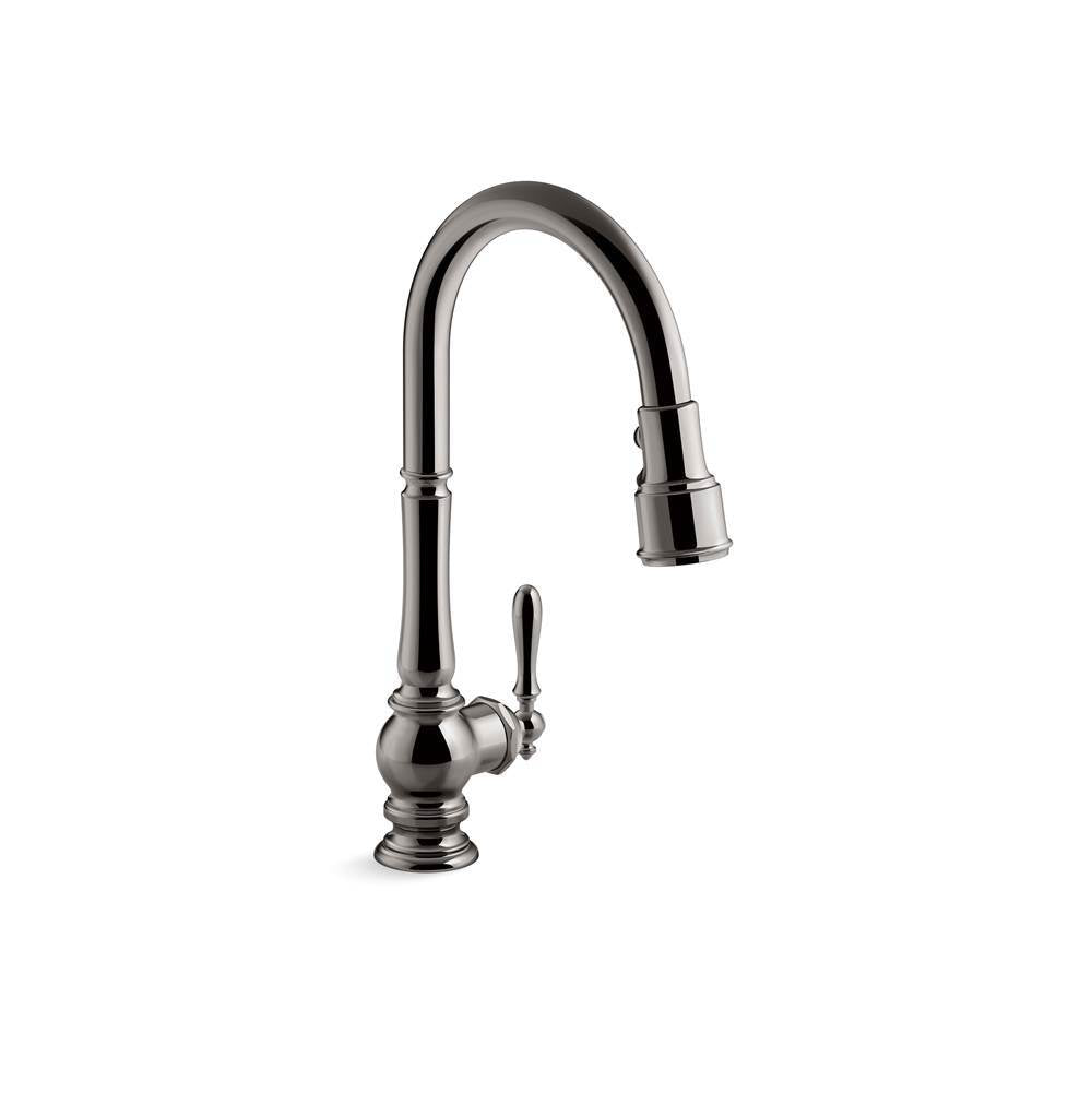 Artifacts  Pull-down kitchen sink faucet with three-function sprayhead