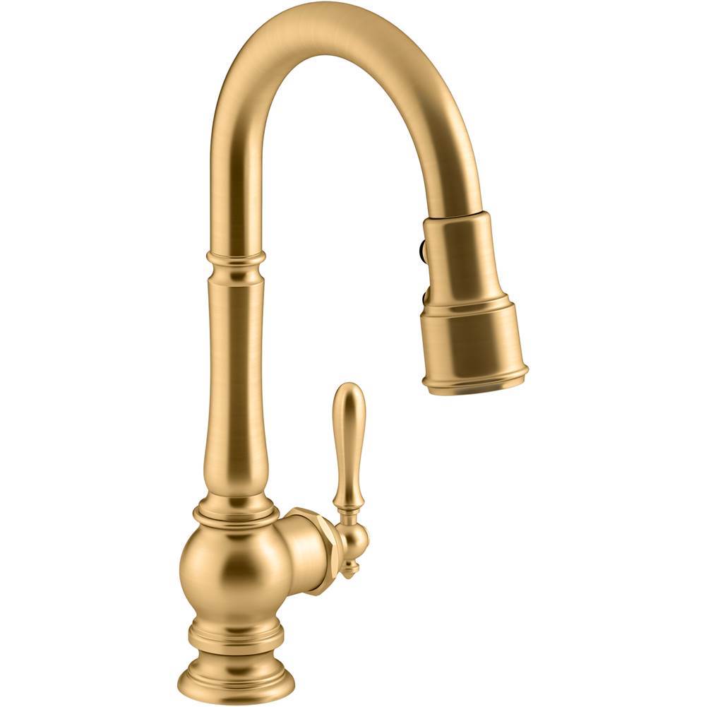 Artifacts  Pull-down kitchen sink faucet with three-function sprayhead