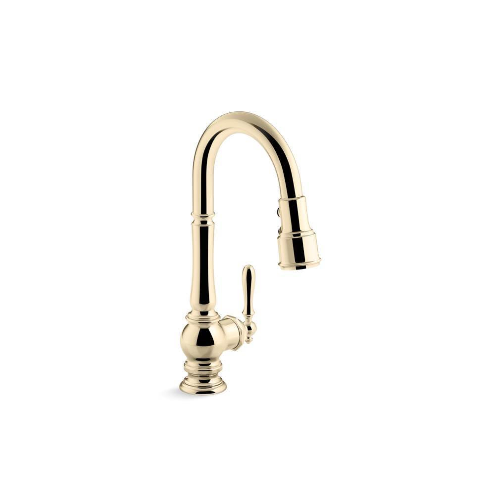 Artifacts  Pull-down kitchen sink faucet with three-function sprayhead