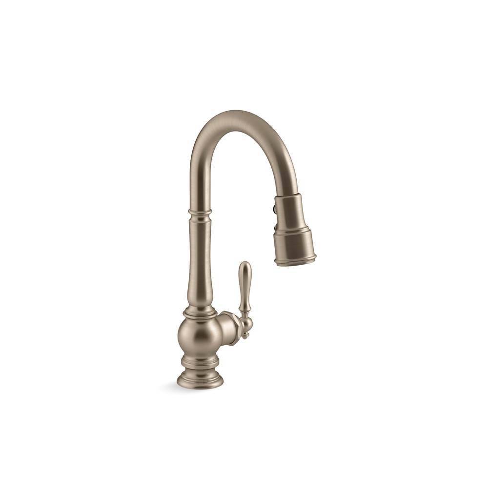 Artifacts  Pull-down kitchen sink faucet with three-function sprayhead